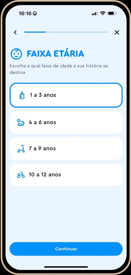 Tela do app Sttoria na etapa 1: escolha de faixa etária
